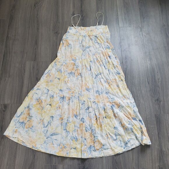 Abercrombie Fitch Dress Small Midi Maxi Yellow Blue Floral Flowy Linen Sundress - Picture 2 of 7